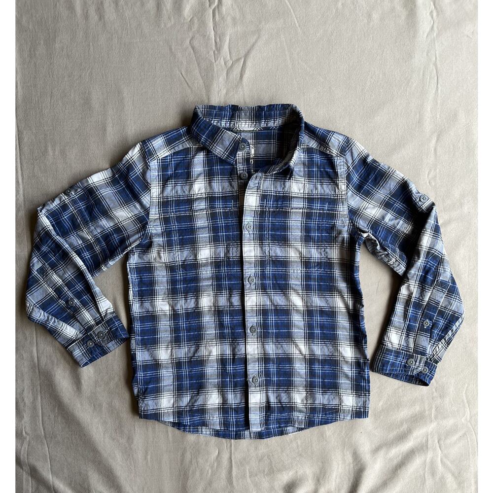 rei co-op boys size XS(6-7) blue button up sleeves shirt plaid Outdoor Hiking